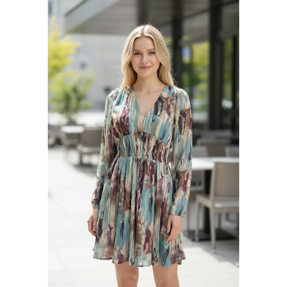 Abstract Print Long Sleeve Dress, V-Neck Smocked Waist Fit and Flare